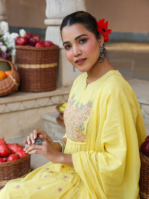Janasya Women's Yellow Pure Cotton Embroidered A-line Kurta Set